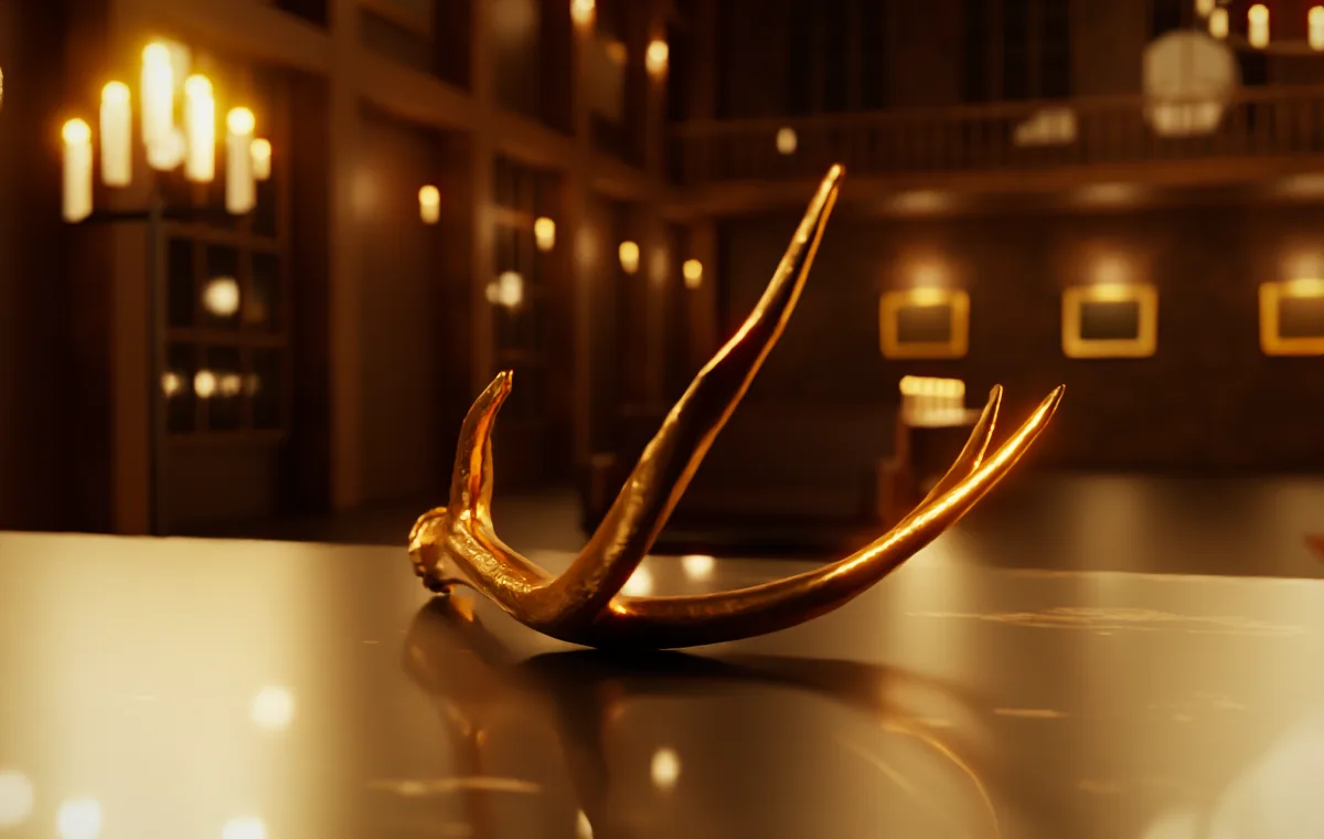 The King in cast metal on a marble table in a warmly lit hall, rendered from our 3D scan.