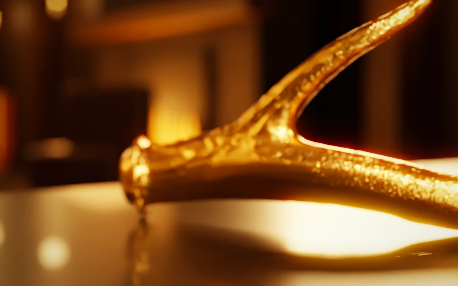 The burr and brow tine of The King in cast metal, lit by firelight.